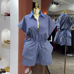 欧美跨境女装2025秋季新款时尚翻领蓝色条纹收腰衬衫阔腿短裤套装