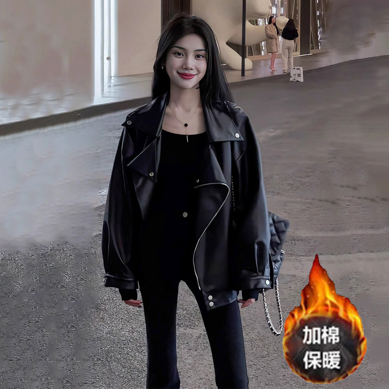 Black Leather Jacket Women's 2024 New Spring and Autumn Biker Suit Small plus size Korean Casual Loose Jacket