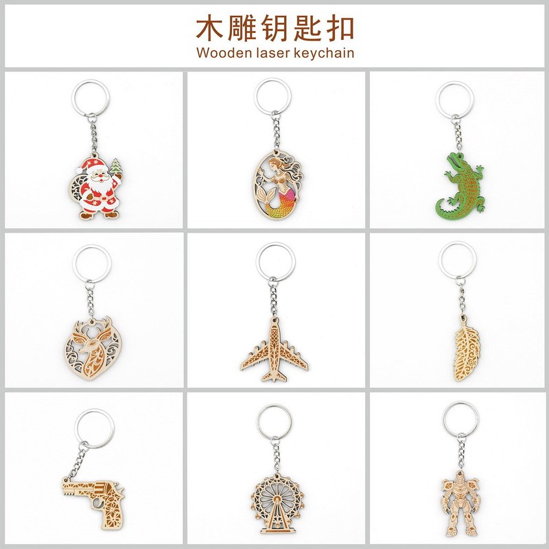 Cross-Border Eco-Friendly Wooden Uv Color-Printed Keychain Laser Wood Tag Laser Cut Wooden Laser Keychain