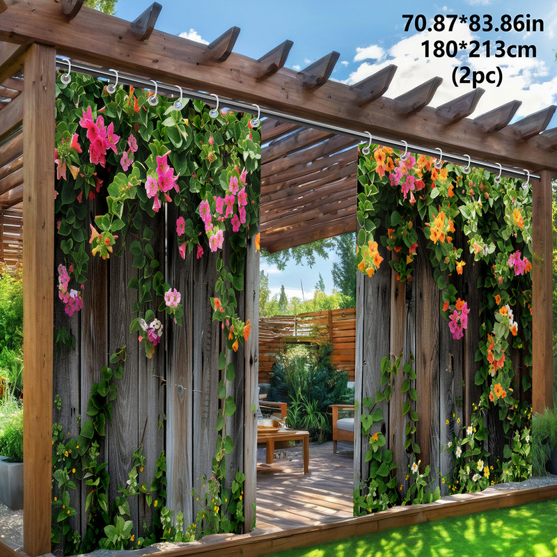 Cross-Border Jit Same-Day Delivery Curtains Outdoor Waterproof Curtains Courtyard Curtains Retro Green Plants and Flowers Cross-Border Curtains