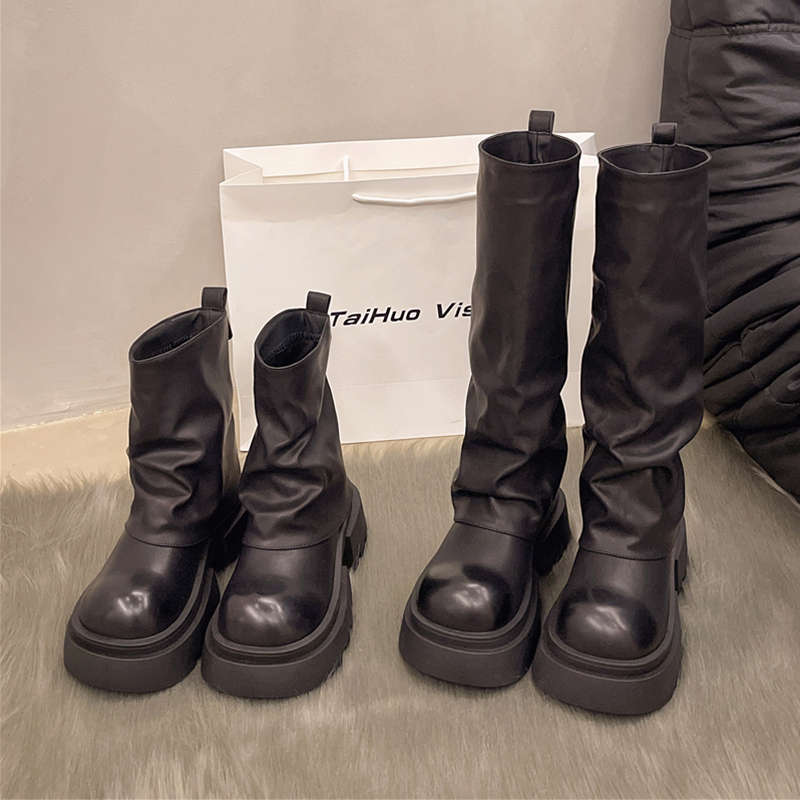 Fashionable temperament, slim mid length stacked boots, 2024 autumn new style, thick soled retro pants, long leg knight_voghion.com