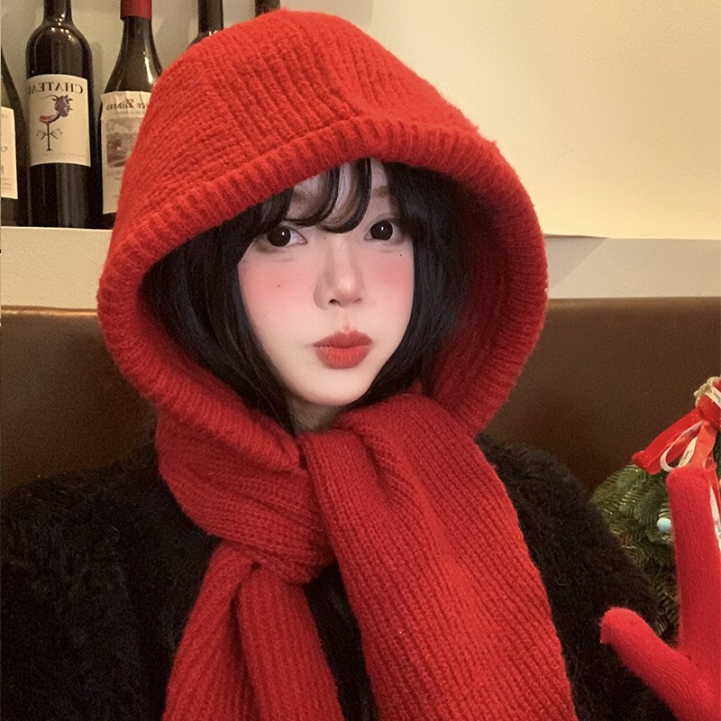Red Knitted Hat Scarf All-In-One Women Autumn Winter New Year Protection Hooded Scarf Warm Balaclava