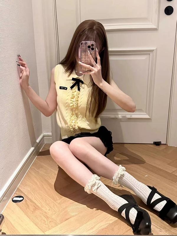 学院风翻领针织毛衣背心女2025夏季新款修身辣妹木耳边无袖上衣|undefined