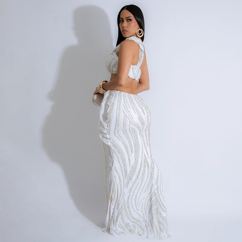 Women Sleeveless One Shoulder Short Length Top with Sexy Sheath Skirt Sets