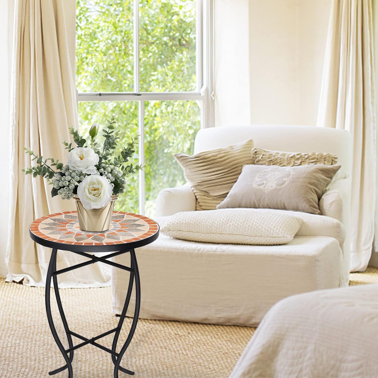 Mosaic Side Table Ceramic Tile Round Table Patio Decorative Table Indoor and Outdoor Coffee Table Suitable for Courtyard Garden Living Room