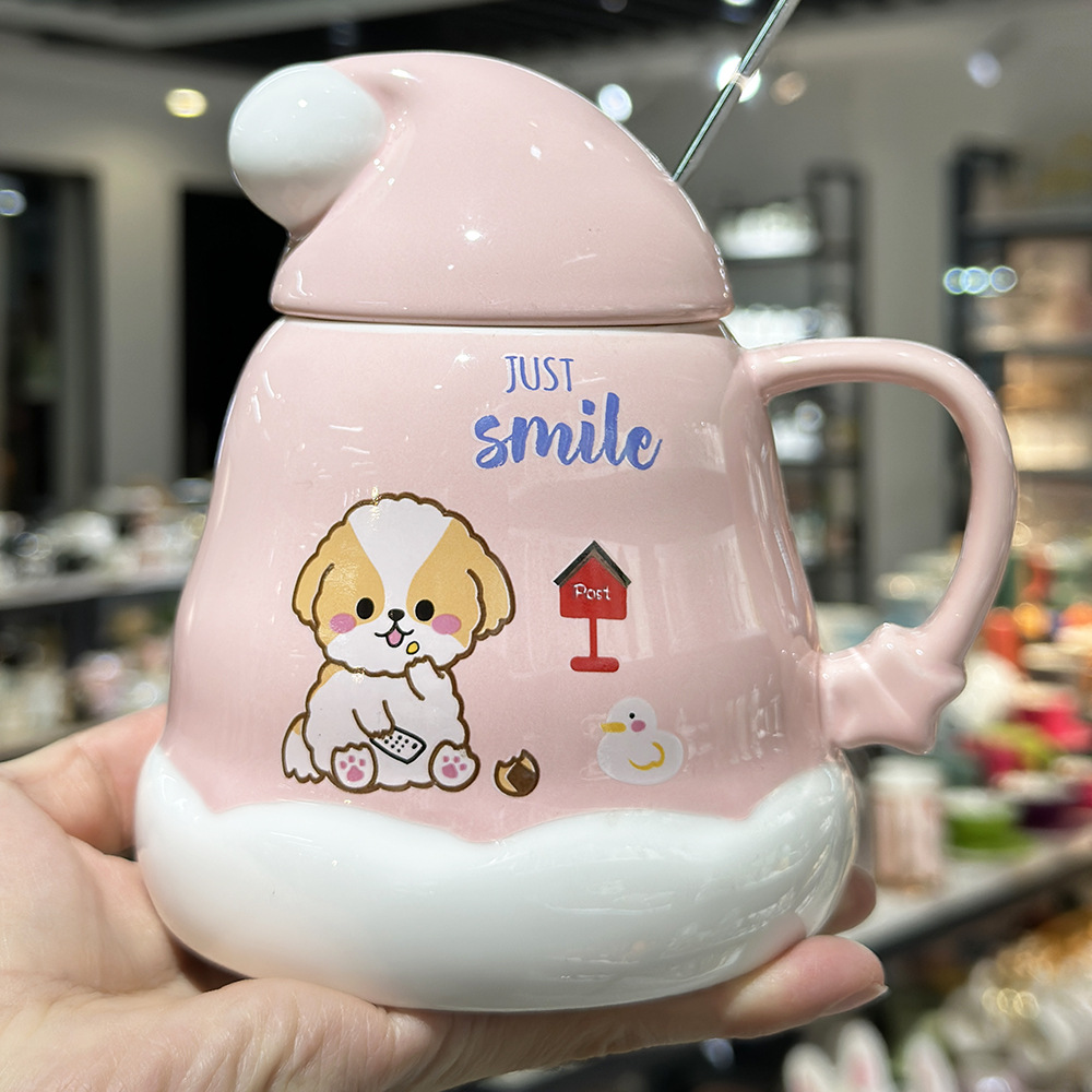 Caricatura encantadora cachorro taza de cerámica de Navidad regalo de Navidad taza de agua doméstica taza de oficina taza con cubierta cuchara
