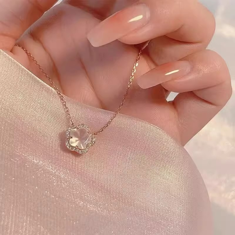 999純銀粉水晶桜ネックレス女性純銀韓国版小清新少女感ins気質鎖鎖爆金|undefined