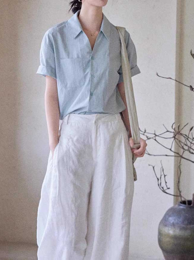 Áo sơ mi ngắn tay nữ cổ V phong cách Pháp chất liệu cotton — Áo xanh