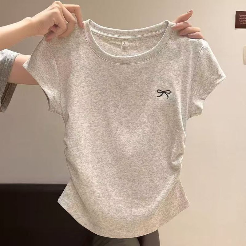 アメリカンプリーツ半袖Tシャツレディース夏新デザインニッチ右肩ウエストスリムショートインナートップ|undefined