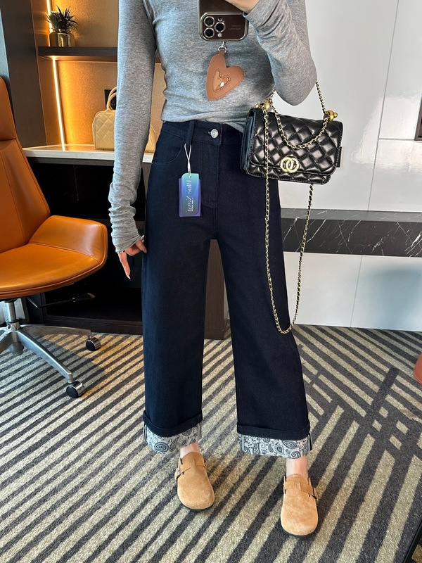 版型翘楚！~印花卷边直筒牛仔裤女2025新款秋季百搭高腰宽松裤子|undefined