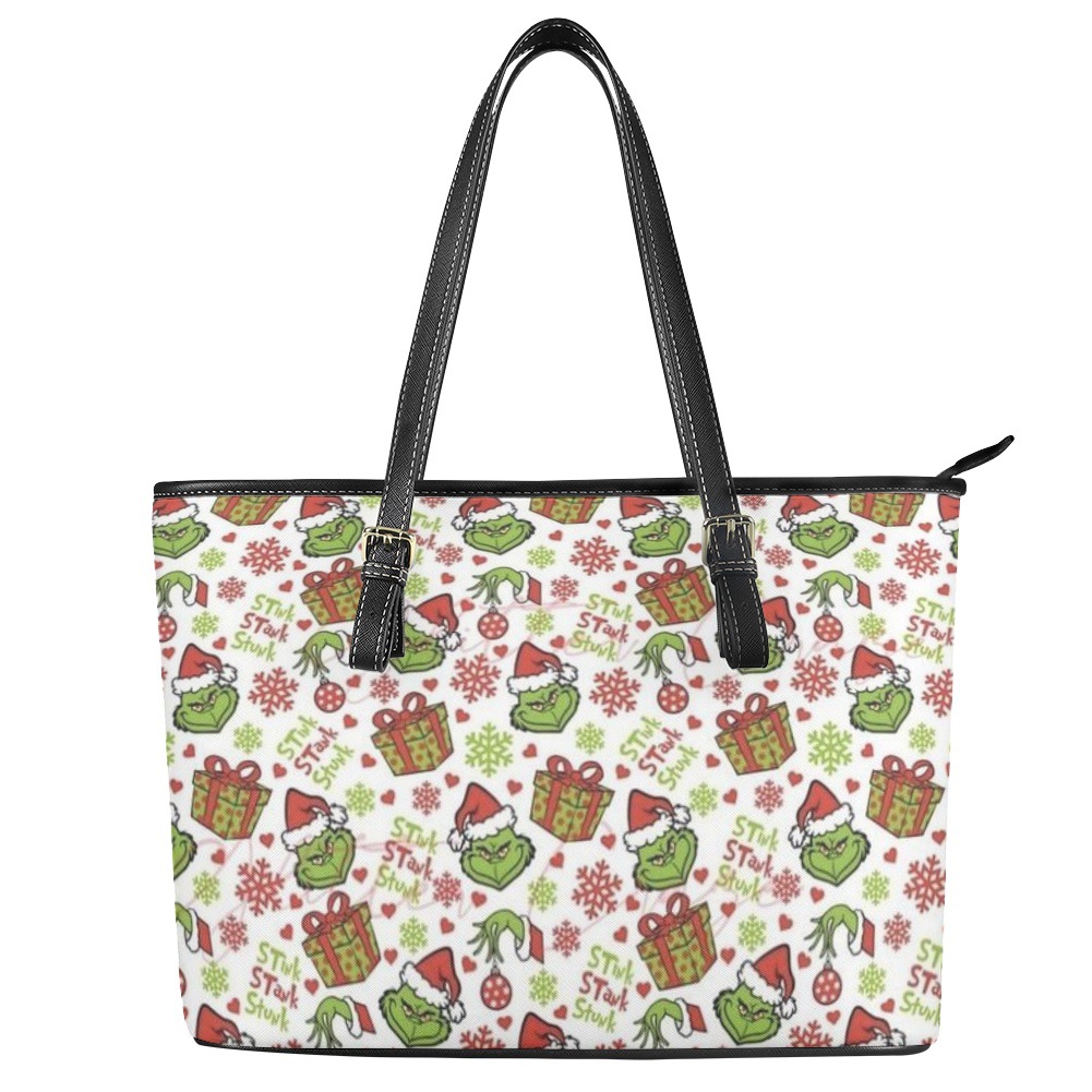 国际站热卖圣诞节新款绿毛怪印花女士手提包偏弧形皮包可一件代发