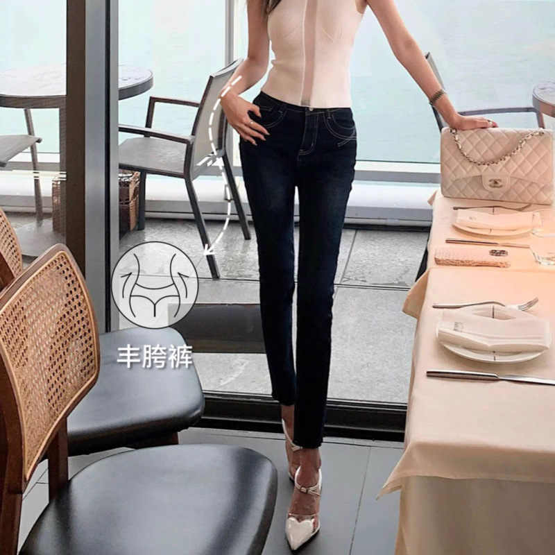 自带丰胯高腰弹力紧身铅笔牛仔裤提臀显瘦辣妹百搭九分靛蓝小脚裤|undefined