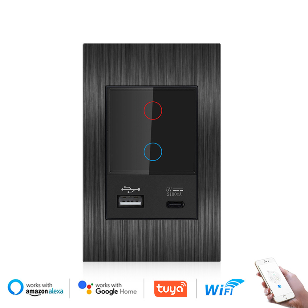118型墙壁开关插座面板黑色铝合金面板智能触摸开关2开带usb家用
