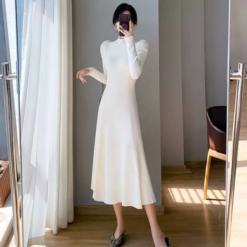 Настоящее фото женского трикотажного платья в французском стиле с пальто на осень и зиму, новая элегантная длинная юбка высокого класса.