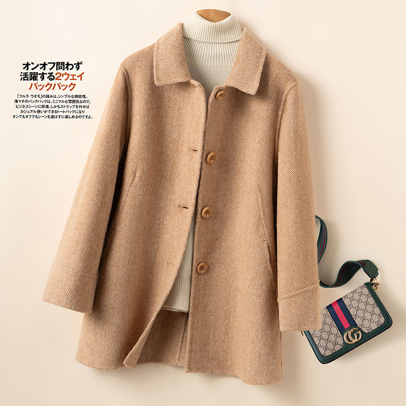 Autumn and Winter Single-Breasted Doll Collar Wool Double-Sided Coat for Women, Mid-Length Double-Sided Woolen Top, Elegant Woolen Jacket