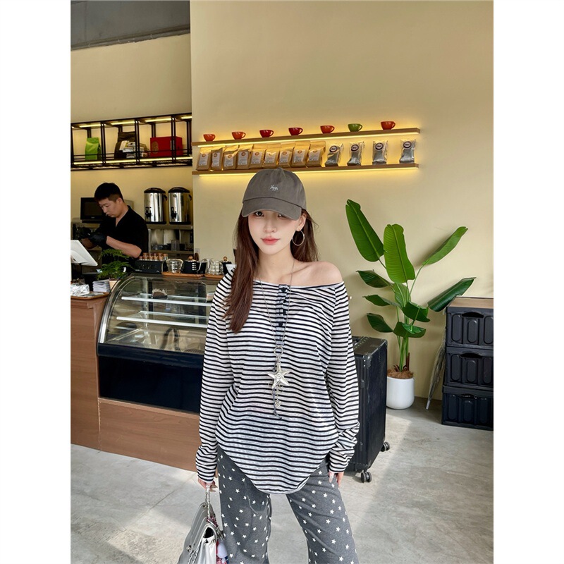 原版面料黑白条纹长袖t恤女夏薄款防晒薄纱罩衫上衣斜肩露肩辣妹|undefined