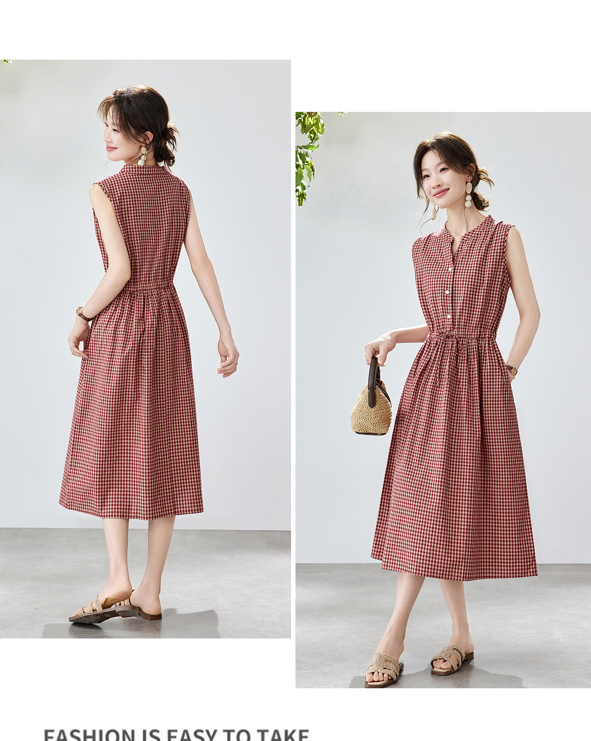 Đầm maxi nữ thắt eo cổ V rút dây, dáng chữ A trung niên mùa hè — Sọc Tây Tạng, Lưới đỏ, Sọc kaki chi tiết 15