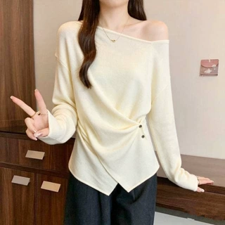 法式不规则条纹长袖打底针织衫女2026秋季收腰显瘦设计感露肩上衣