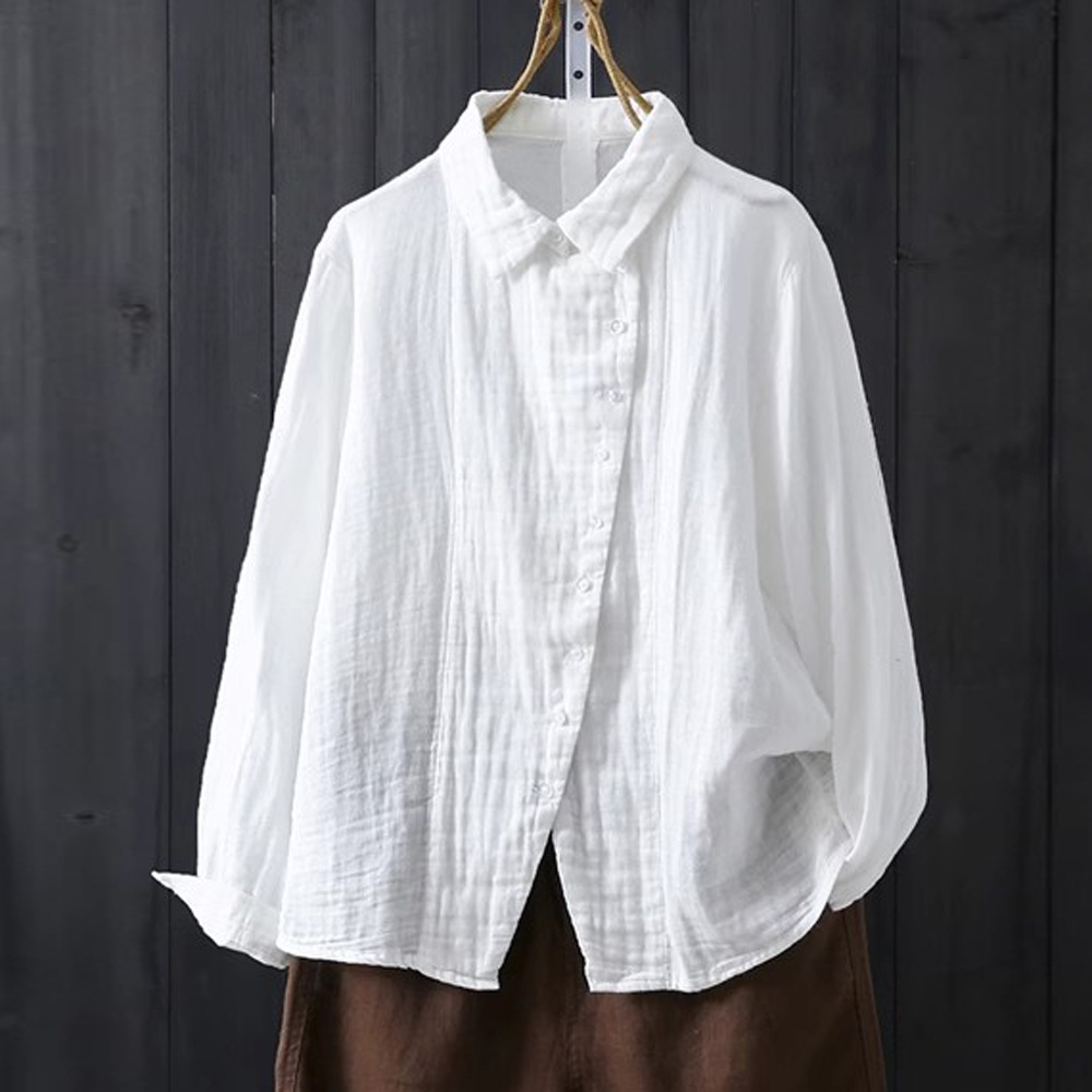 文艺感纯色系斜门襟纯色系翻领棉质双层棉纱款秋季新款衬衫女