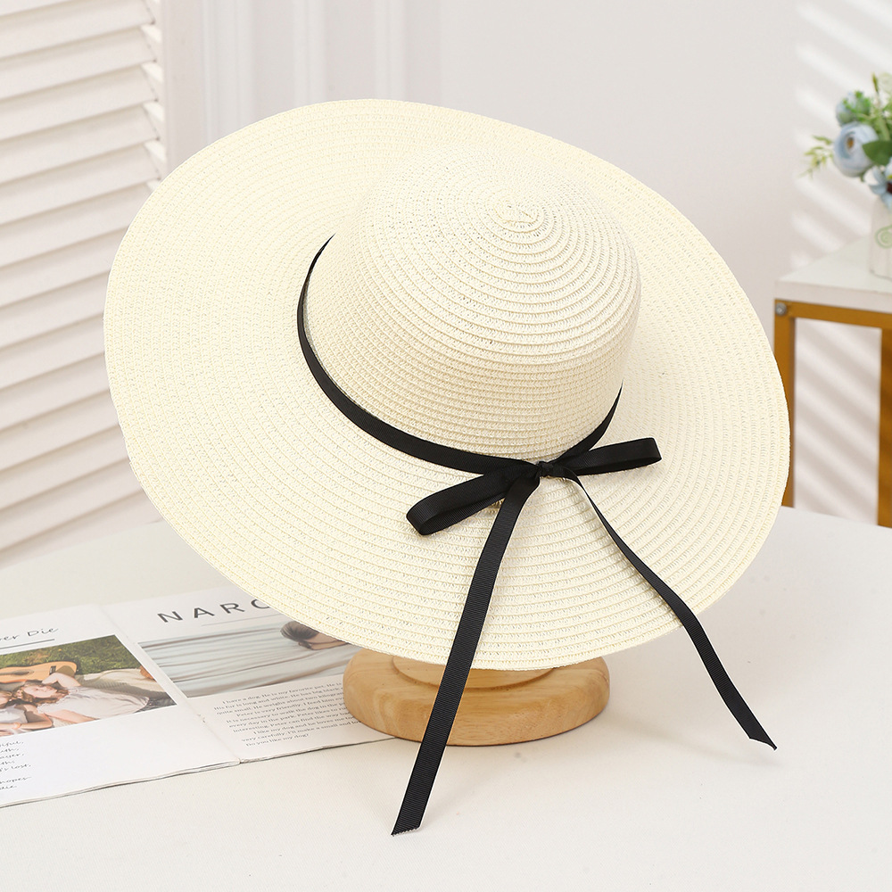 Sombrero de paja con lazo – estilo veraniego, ala ancha, para playa o vacaciones al aire libre