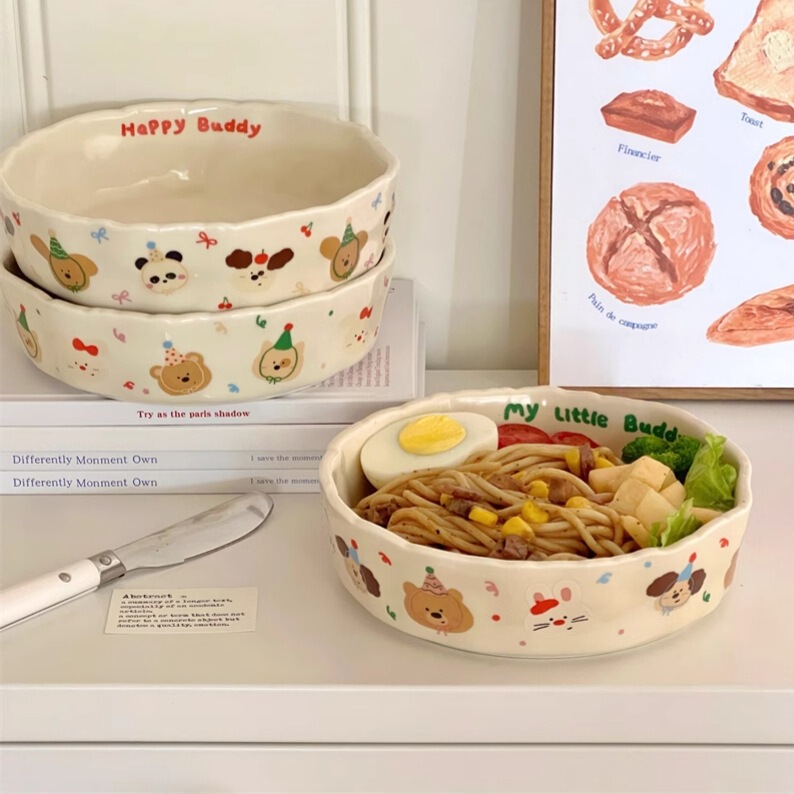 High-value hand-kneaded ceramic deep plate cute cream matte pasta plate salad breakfast plate fruit dish plate