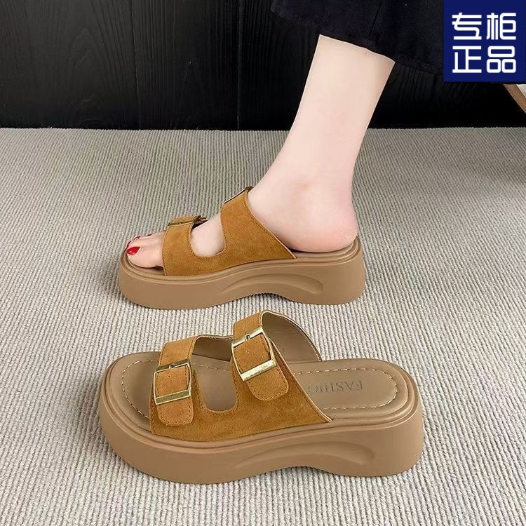 Retro Belt Buckle Soft Bottom Pregnant Women Comfortable One-Line Sandals Thick-Soled Casual Slippers for Women 2025 Summer New French Style