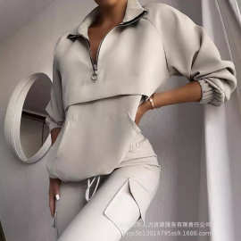 LZR8305外贸欧美杏色休闲套头运动套装长裤（2件套）