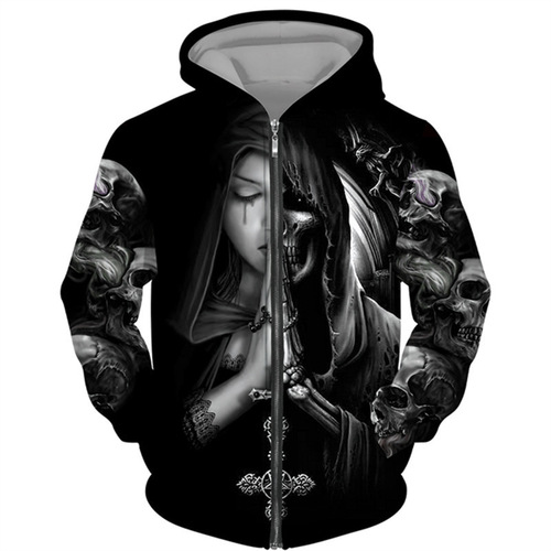 Coolest Skeleton Tattoo 3D Digital Printing Black Hooded Jacket for Men Gothic Zipper Sport Shirt