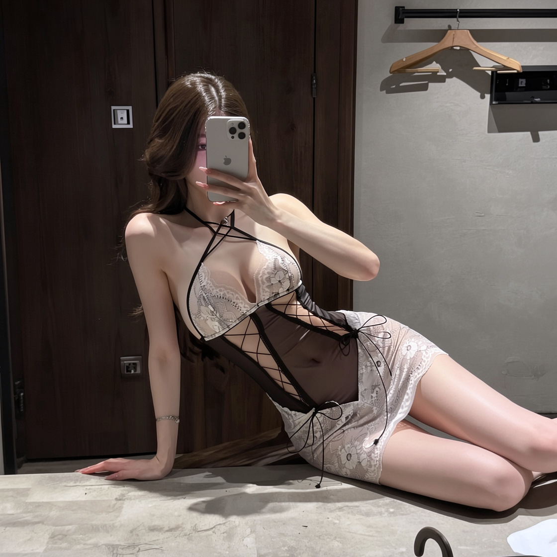 Lace Secretary-Maid Roleplay Bodysuit Costume with Contrast Trim, One Size — detail image 2