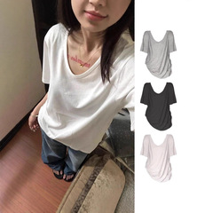ホワイト右肩ルーズVネック半袖Tシャツレディース夏新作無地ボトムスレイジースリムカジュアル万能トップス
