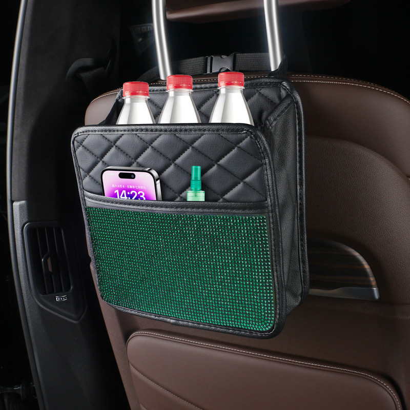 Bolsa de almacenamiento trasera de asiento de diamante de automóvil transfronterizo, bolsa colgante, caja de almacenamiento multifuncional, bolsa trasera de asiento de diamante montada en automóvil