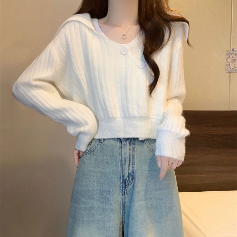 小个子高腰短款毛衣女秋冬款法式复古宽松外穿显瘦翻领长袖针织衫|undefined