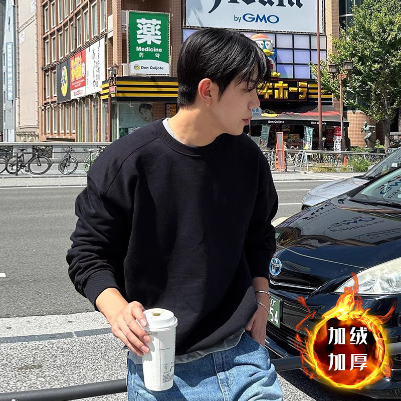 블랙 라운드넥 스웨트셔츠와 벨벳 스타일 - 솔리드 컬러 [GL]