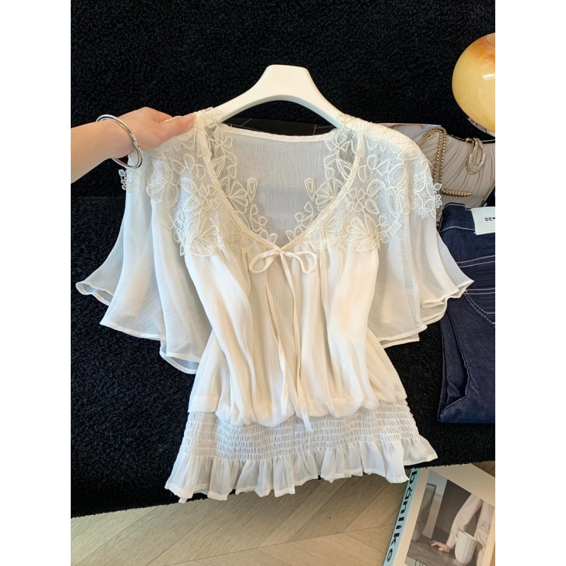 2026 New Style French Retro Lace Collar Short-Sleeve Shirt for Women, Sweet Waist-Cinching Ruffle Sleeve Tie-Up Top 2026 New Style French Retro Lace Collar Short-Sleeve Shirt for Women, Sweet Waist-Cinching Ruffle Sleeve Tie-Up Top