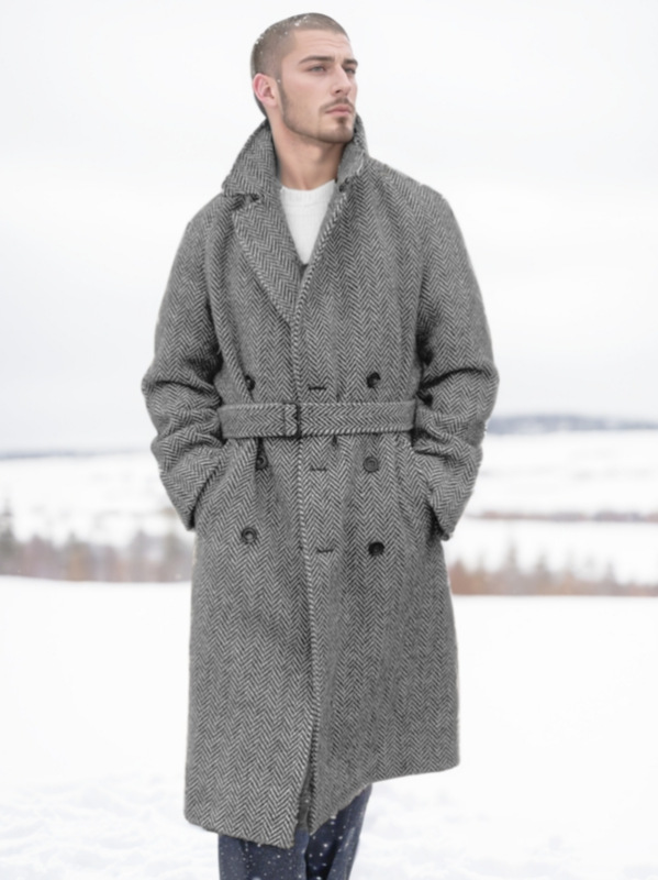 2024 European size cross-border autumn and winter new men's mid-length wool plaid double-breasted cotton padded coat for men