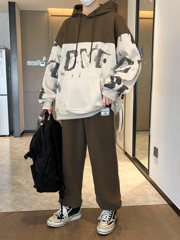 Los fabricantes de origen pueden personalizar el logotipo de los hombres jóvenes primavera y otoño moda suelta suéter con capucha suéter pantalones traje hombres