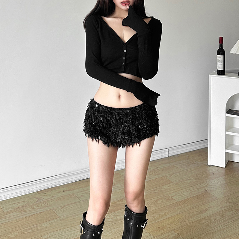Cross-border European and American-style 2024 Autumn New Women's Sexy Fashion Feather Decoration Solid Color Slim-fit All-match Casual Pants