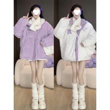 欧货时尚两面穿灯芯绒棉服女冬季小个子宽松加绒加厚保暖棉衣外套