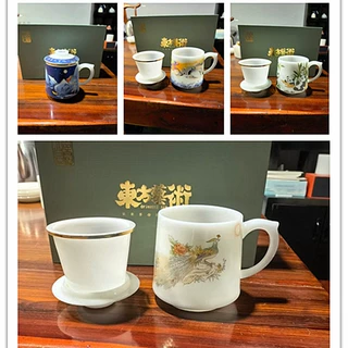 水杯德化白瓷办公会议功夫茶杯陶瓷带盖过滤个人杯新中式陶瓷杯