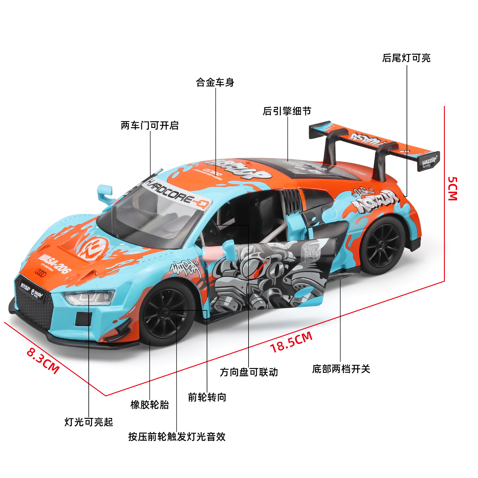 WASA1: 24 modelo de aleación Audi R8 LMS modelo de simulación acústica y óptica juguetes de automóviles