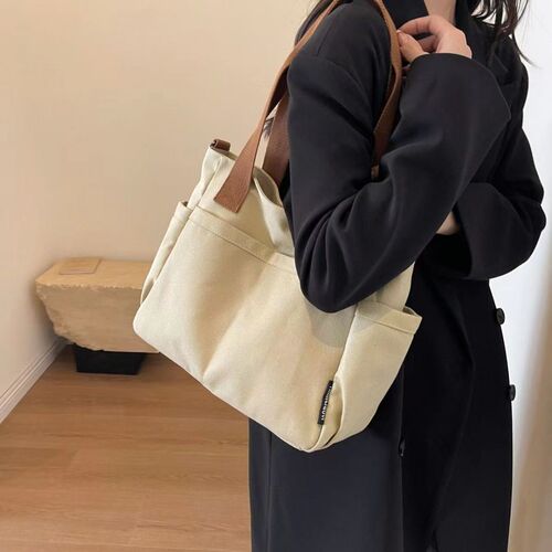 Original multi-pocket commuting bag, thick canvas tote, versatile, literary, student, large capacity, single-shoulder crossbody canvas bag