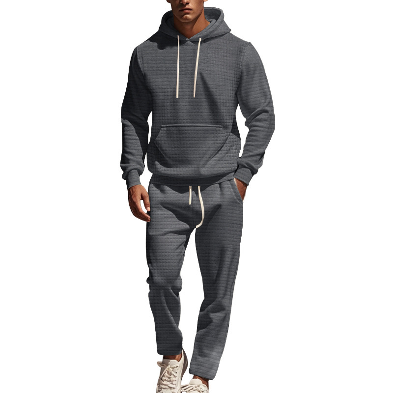 Men's Clothing heavy jacquard small square long sleeved trousers hooded suit _voghion.com