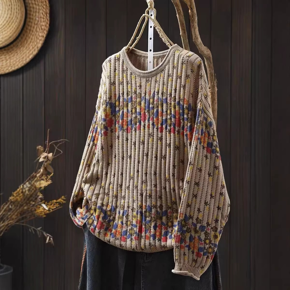 慵懒风印花毛衣女秋冬新款圆领套头针织衫宽松大码长袖线衣