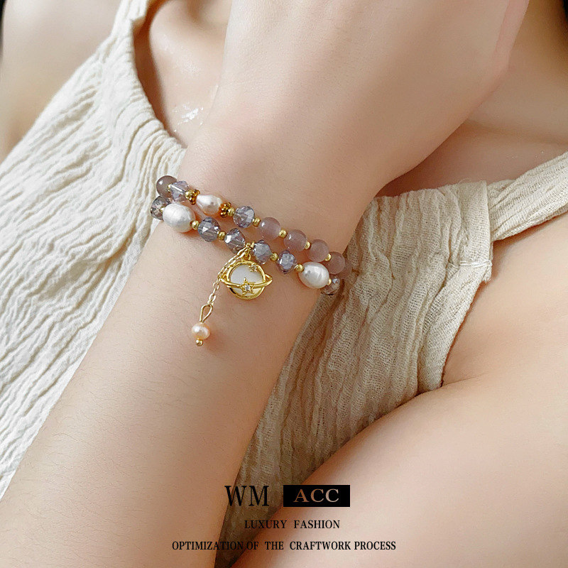 Pulsera de piedra de ojo de gato de doble capa, nicho de moda ligero lujo irregular pulseras de mano de alta calidad, joyas de mano para mujeres image 1