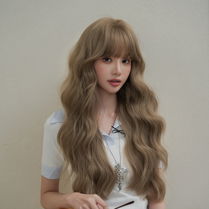 Long Curly Wig with Big Waves, Synthetic Fiber, Realistic Water Wave Texture, Internet Celebrity Style, Full Head Cover, Milk Tea Color Wig Long Curly Wig with Big Waves, Synthetic Fiber, Realistic Water Wave Texture, Internet Celebrity Style, Full Head Cover, Milk Tea Color Wig