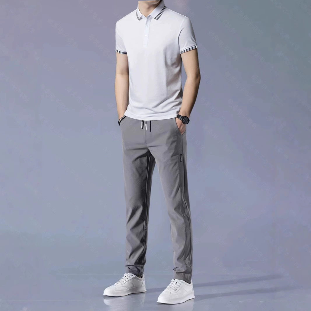 Летний мужской костюм из ледяного шелка с короткими рукавами для пап среднего и пожилого возраста, рубашка-поло с лацканами, повседневные эластичные брюки, две части