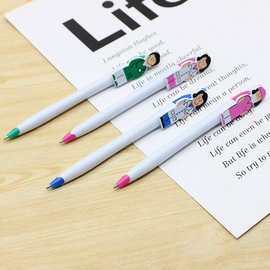 创意文具医生护士卡通笔夹造型按动塑料圆珠笔卡通人物印刷广告笔