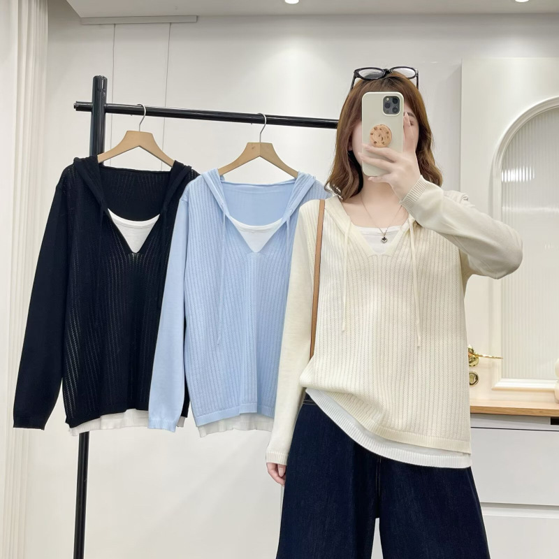 Plus Size Women's Fashion Color Block Faux Two-Piece Knit Hoodie Autumn Loose Fit Slimming Elegant Long-Sleeved Top 032650