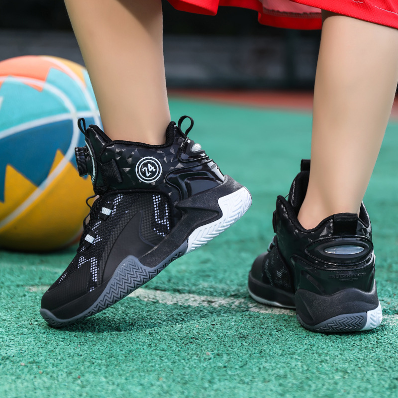 Zapatos de baloncesto de malla para niños, zapatos de botón giratorio transfronterizos, zapatos casuales transpirables, zapatos de moda para estudiantes de mujeres