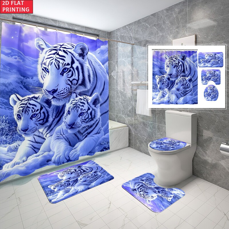 2D Flat Surface, 2D Flat Surface, 2D Flat Surface 1/4 Piece Tiger Cub Shower Curtain Set Decorations, Complete Set